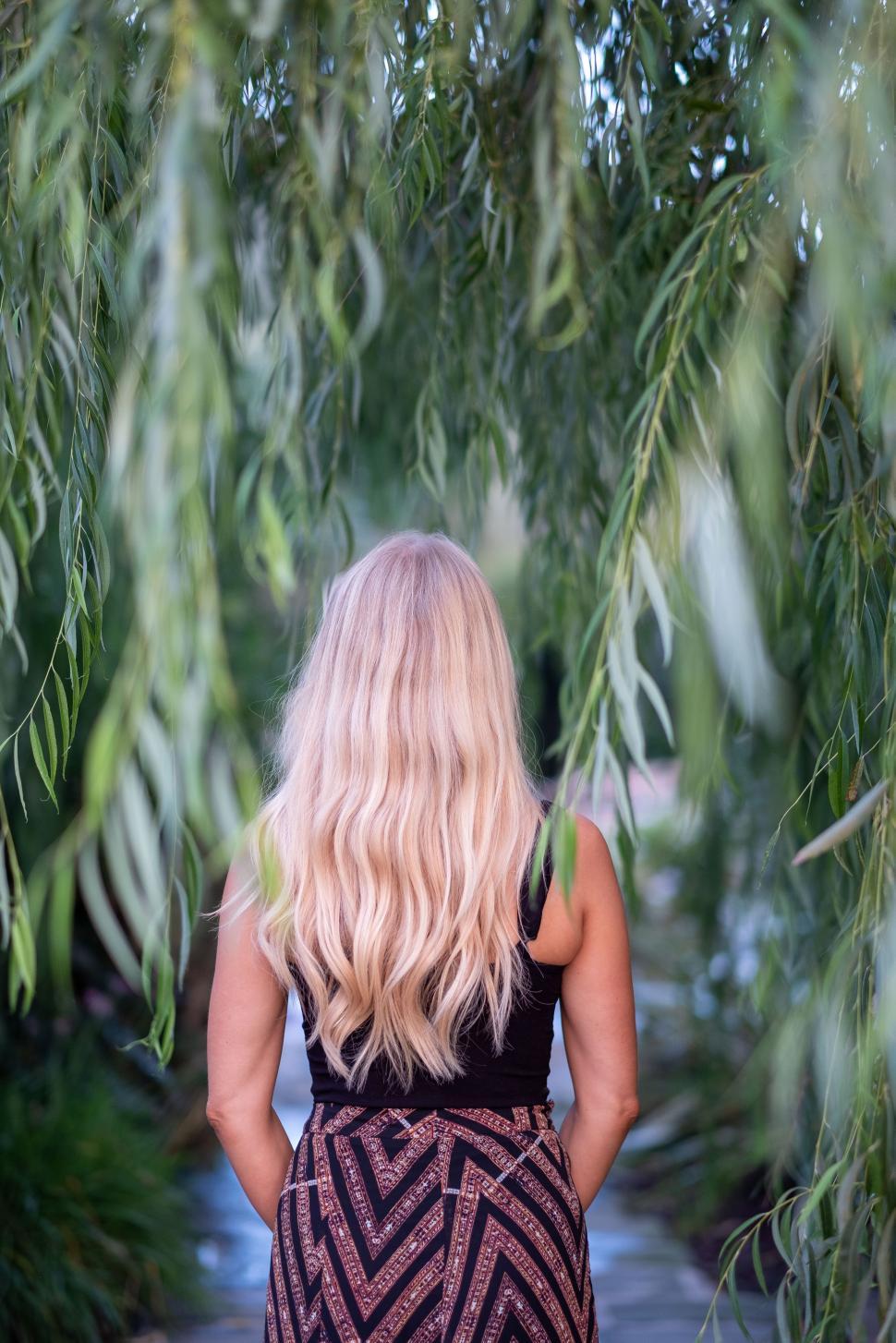 Free Image of Woman standing peacefully under hanging willow branches in a serene garden 
