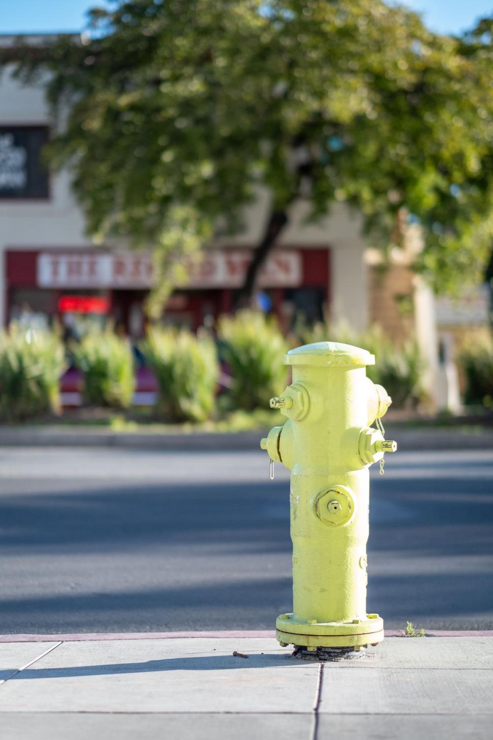Free Image of Bright yellow fire hydrant stands on sidewalk near shop in lively neighborhood 