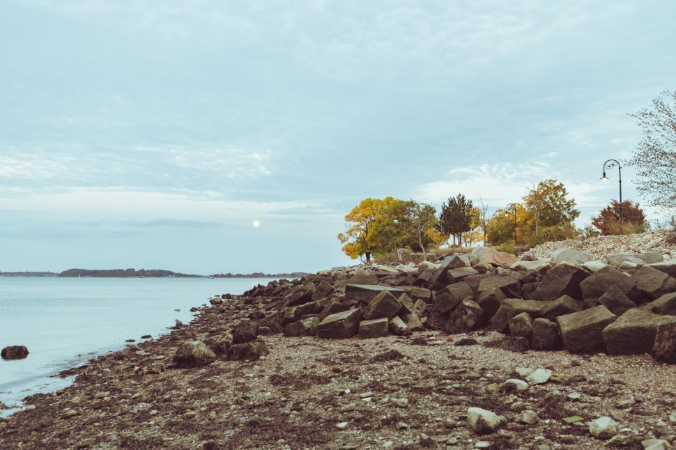 Free Image of Serene coastal view featuring rocky shoreline and trees at dusk 