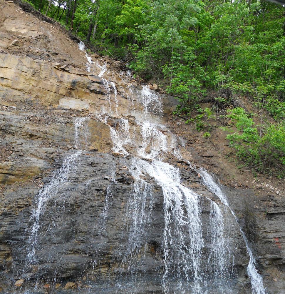 Free Image of Man Standing on Top of Waterfall Next to Lush Green Forest 