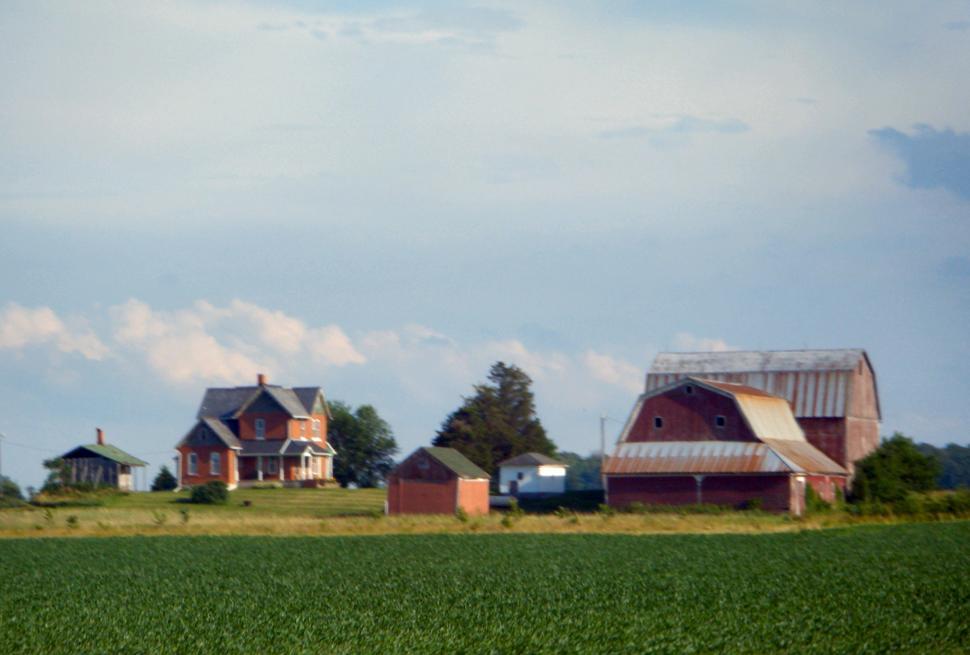 Free Image of Dairy farm with cows, silos, corn fields, barns, sheds, and farmhouse 