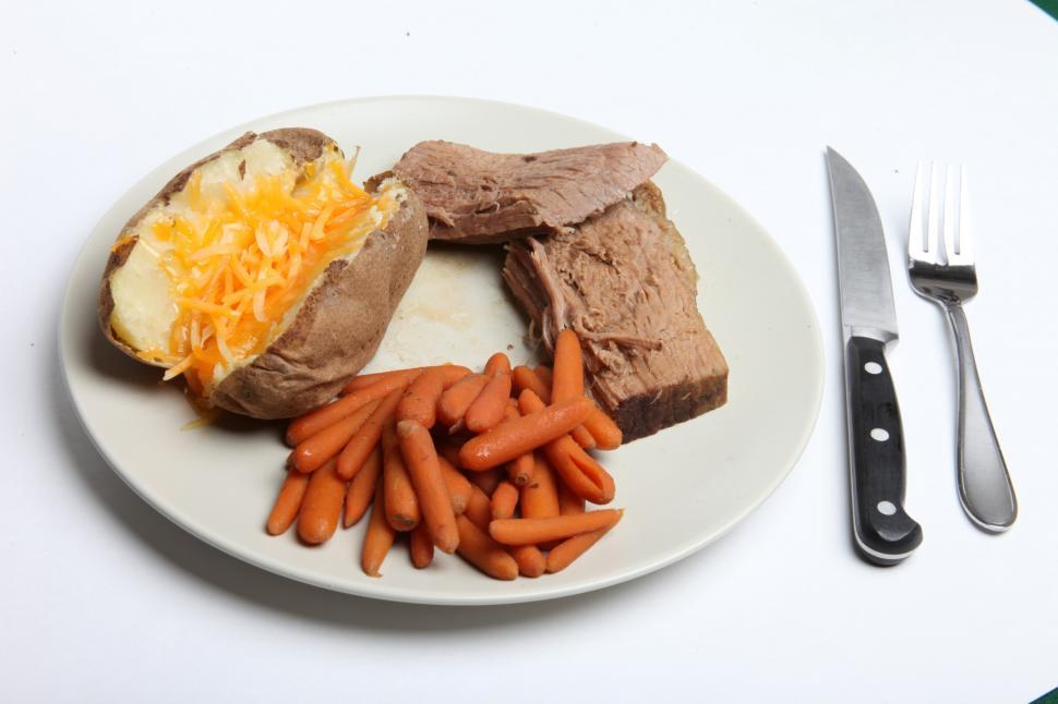 Free Image of Pot Roast, Carrots and Baked Potato 
