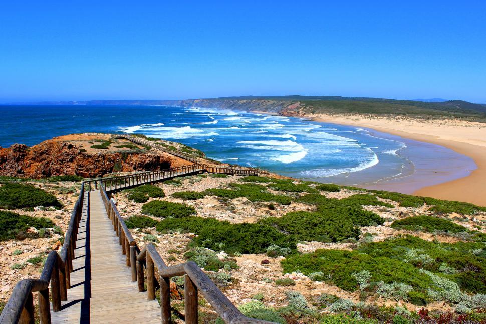 Free Image of Long wooden walkway on top of the cliff in Carrapateira Beach, A 