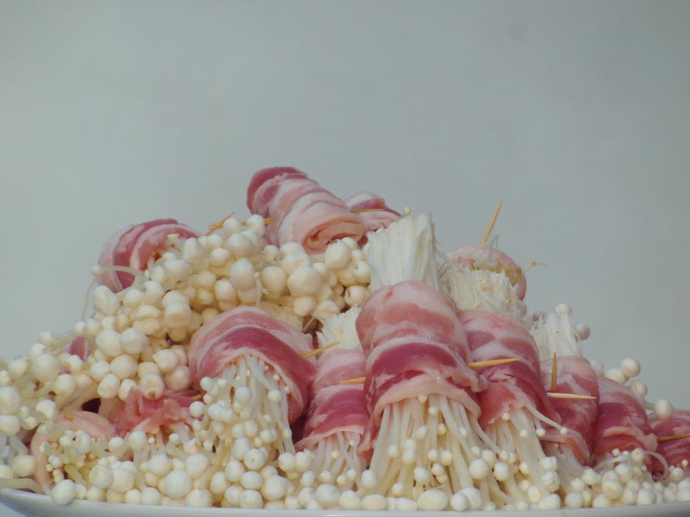 Free Image of Enokitake Mushrooms Wrapped in Bacon 