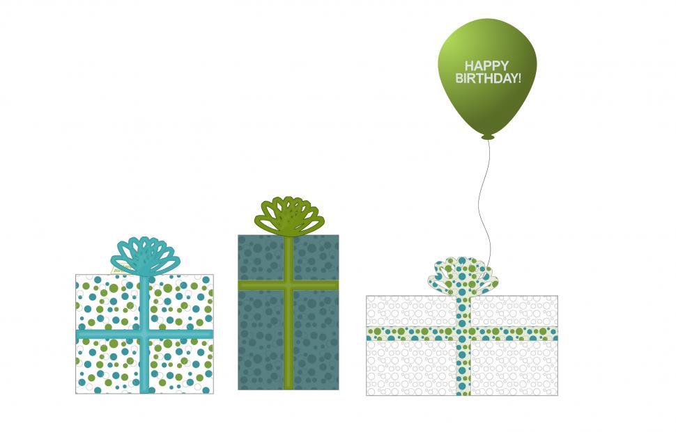 Free Image of Three Teal and Green Presents and Balloon 