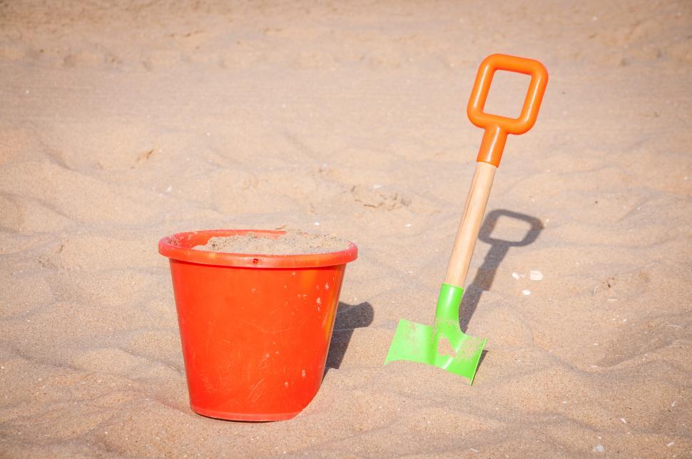 Free Image of Childrens beach toys - buckets, spade and shovel  