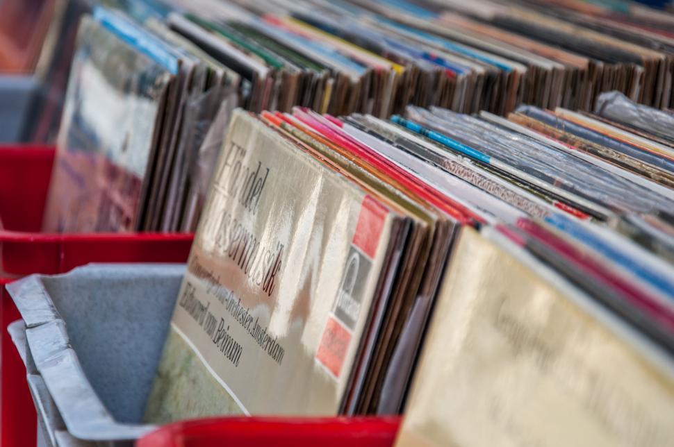 Free Image of boxes with vinyl turntable records on a flee market 