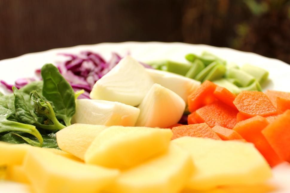 Free Image of Some basic soup ingredients - spinach, potato, carrots, onions,  