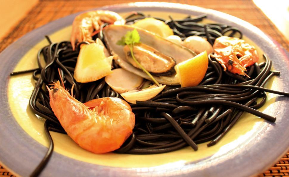 Free Image of Linguine al nero di seppia and shellfish 