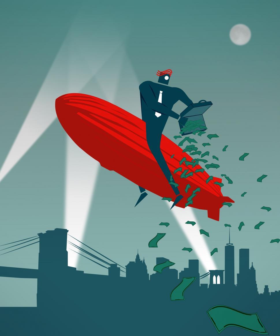 Free Image of Businessman pouring money over Manhattan on a Zeppelin 