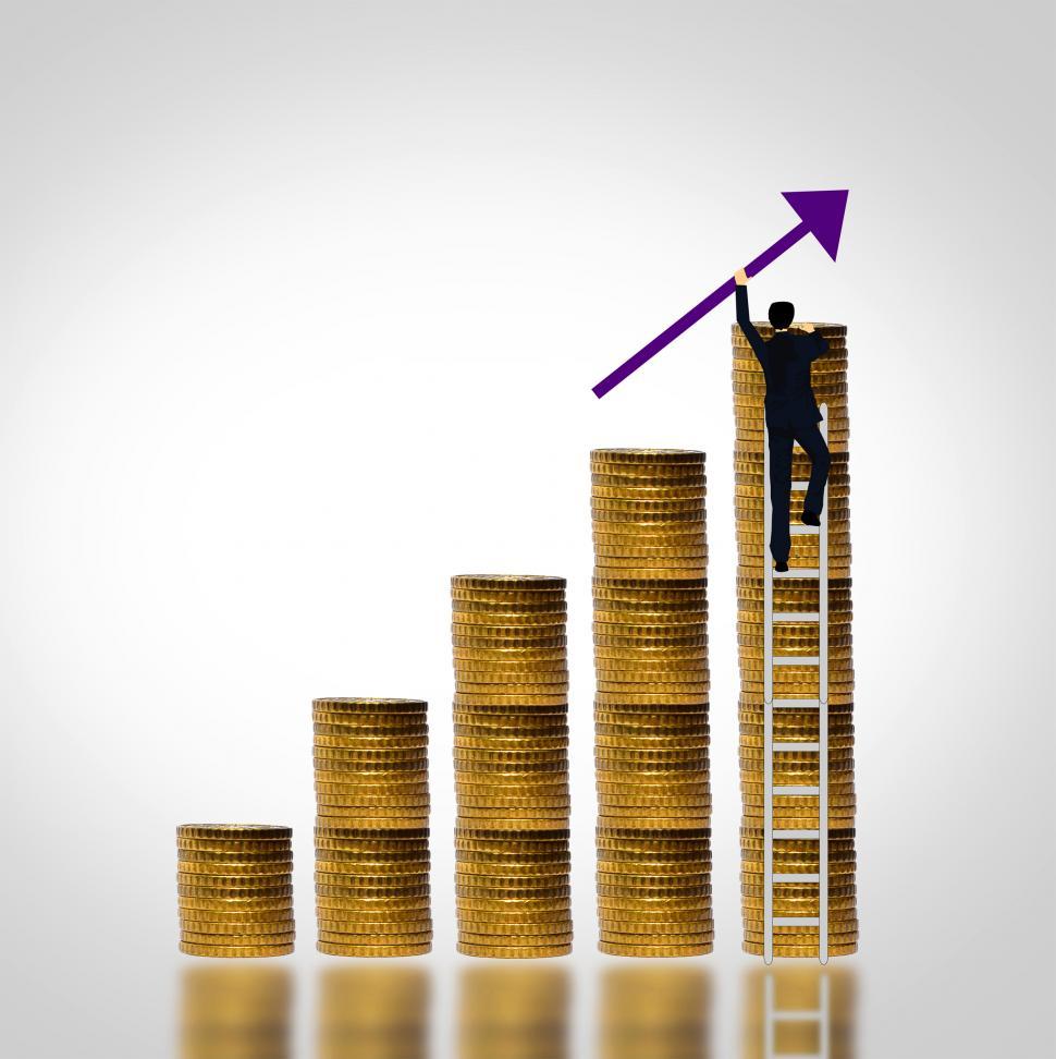 Free Image of Man climbing coin stack - Money growth concept 