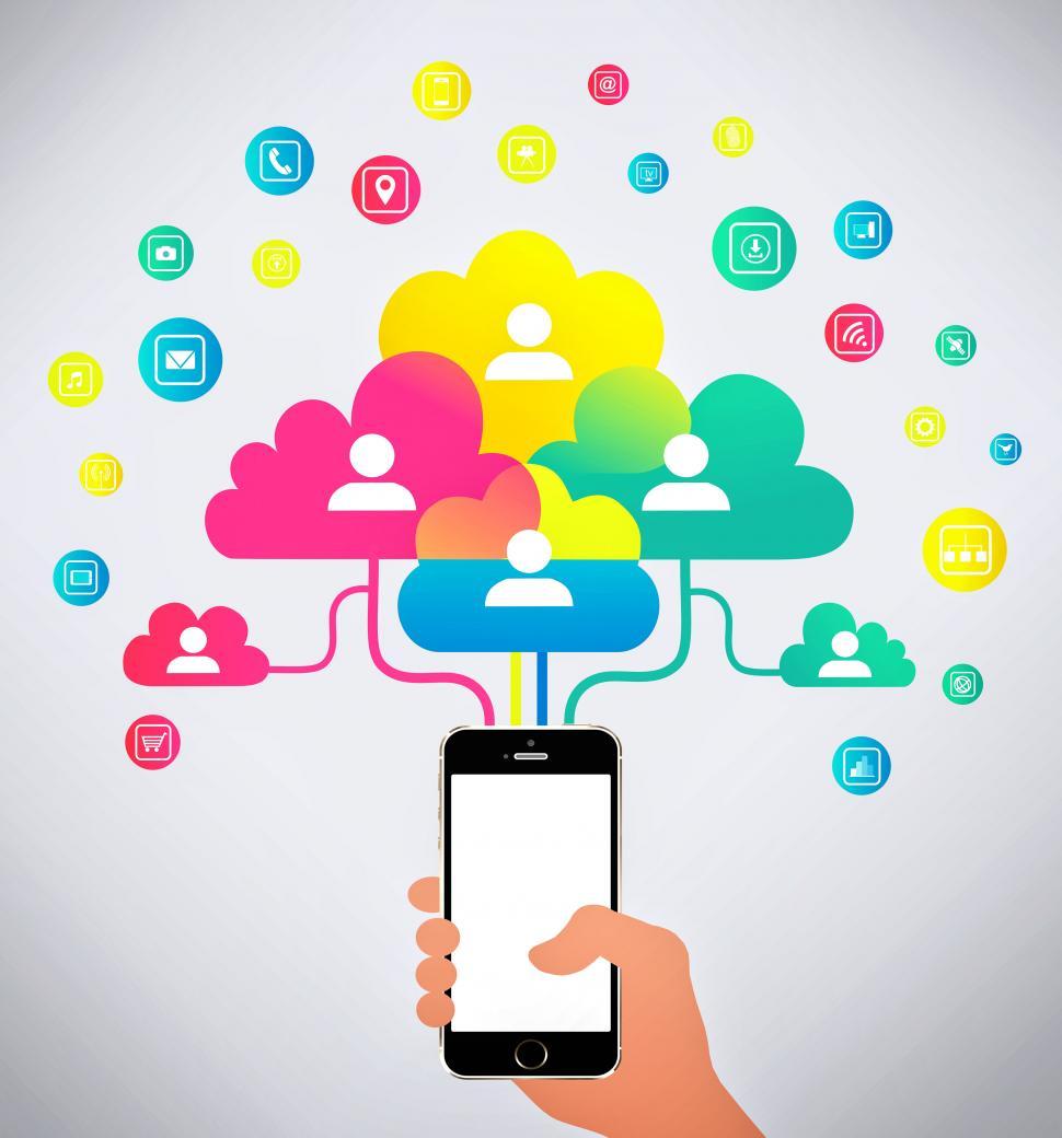 Free Image of Hand holding mobile phone connecting with the cloud 