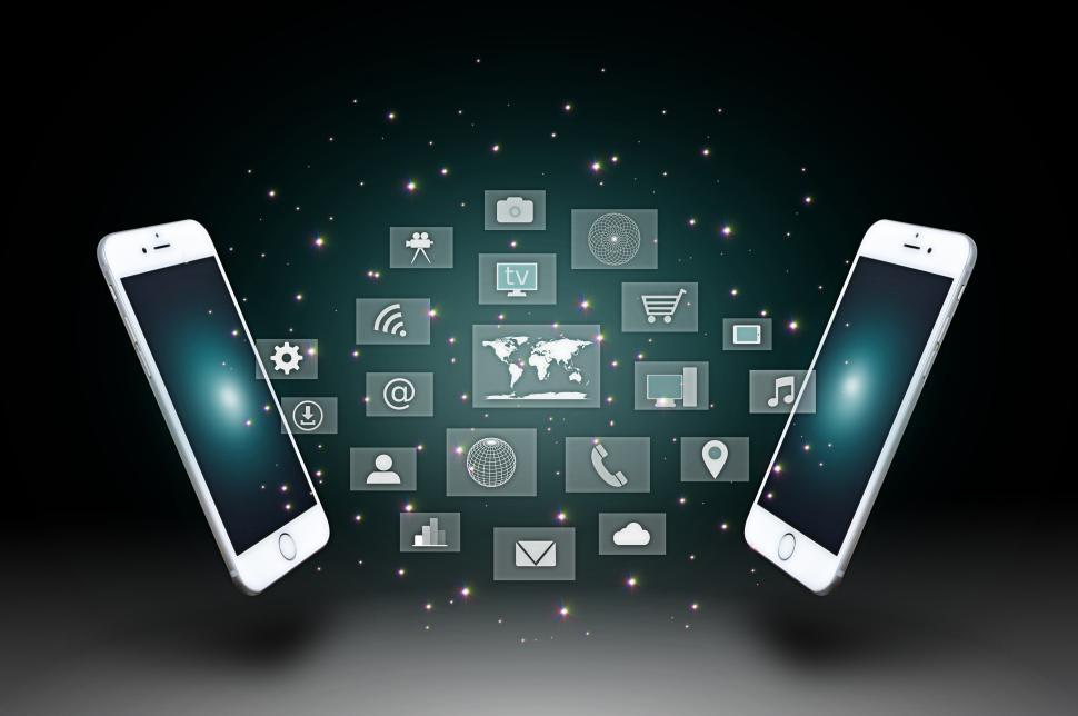 Free Image of Modern communication technology illustration with smartphones an 