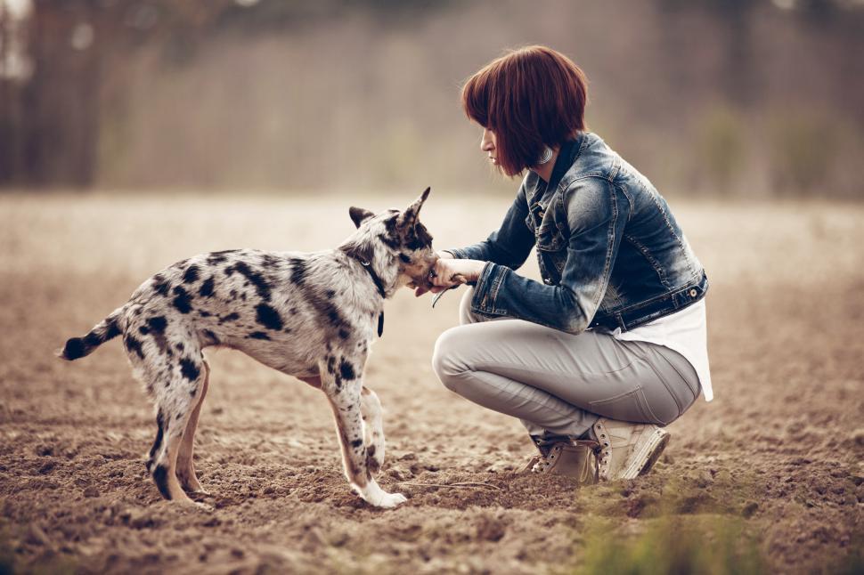 Free Image of Woman Kneeling Next to Dog 