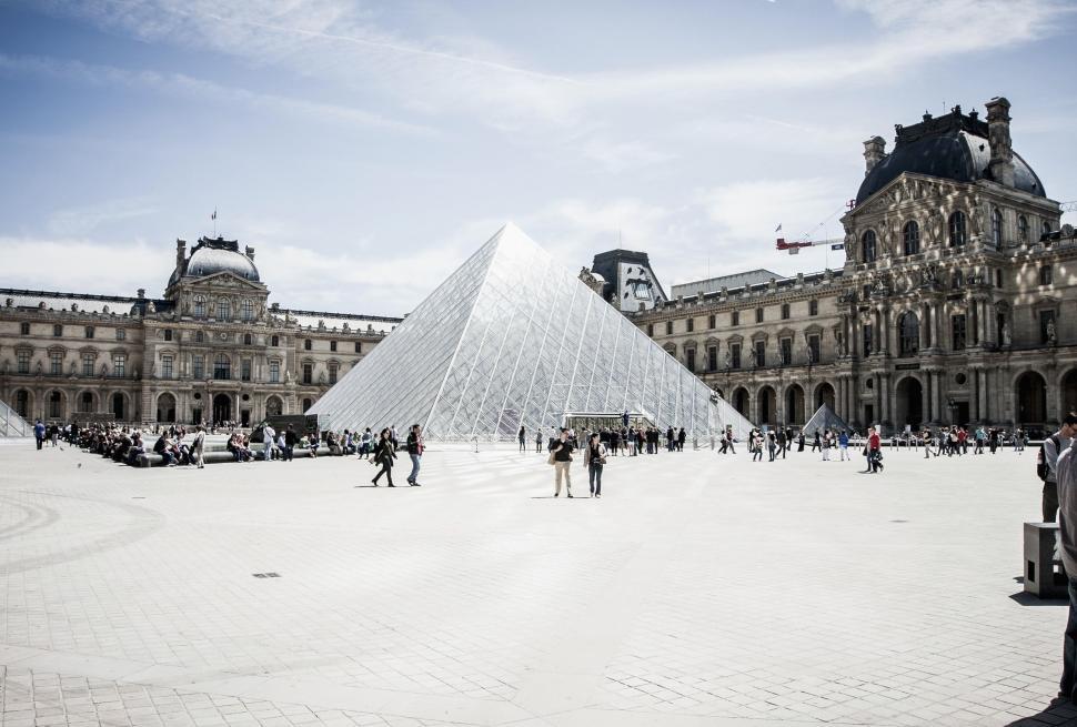 Free Image of Black and White Photo of a Pyramid in a Courtyard 