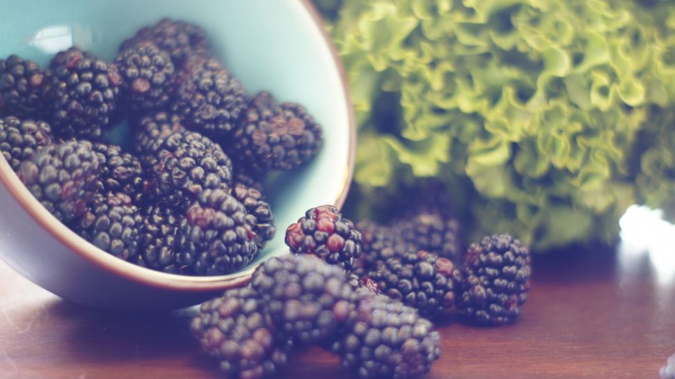 Free Image of Bowl of Blackberries Next to Head of Lettuce 