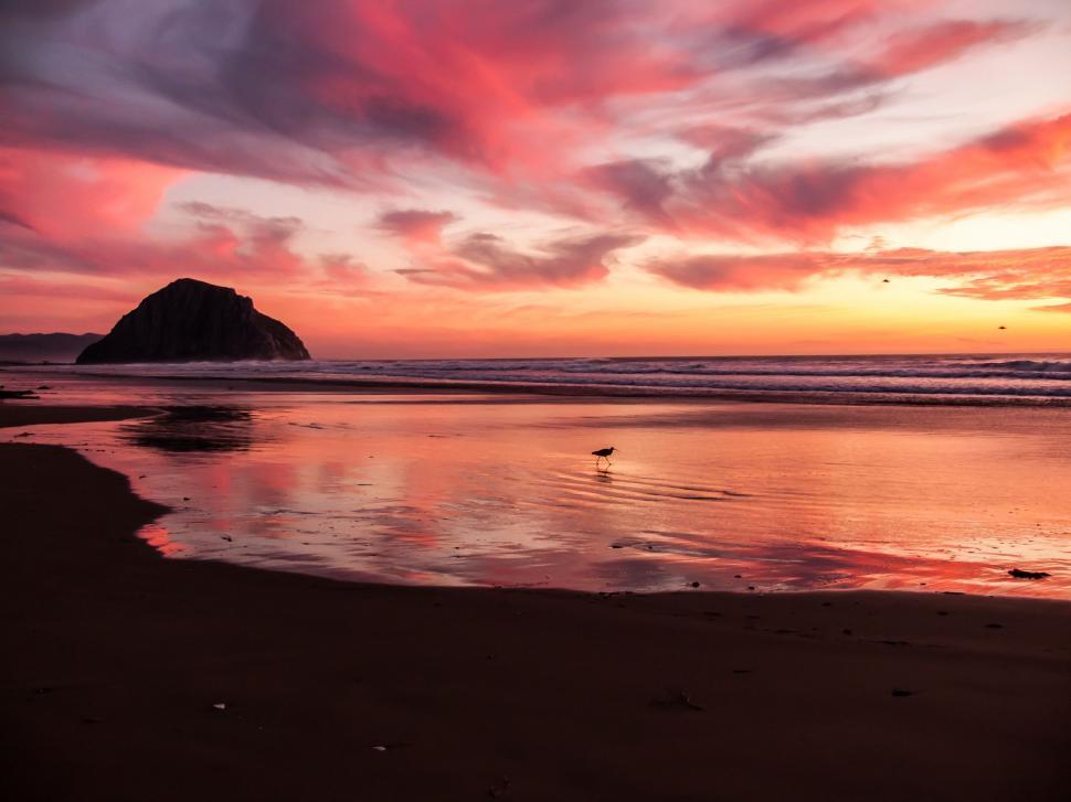 Free Image of Sunset on Beach With Distant Rock 