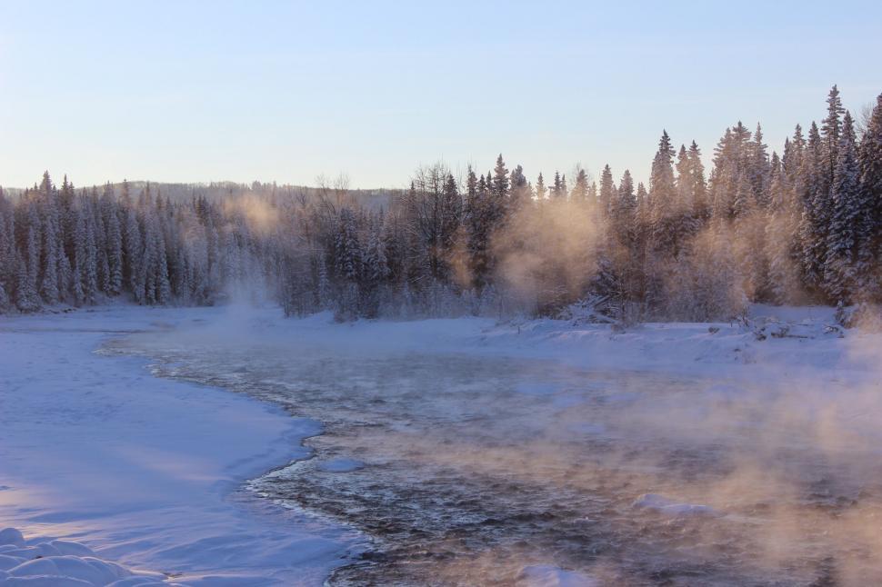 Free Image of River Flowing Through Snow Covered Forest 