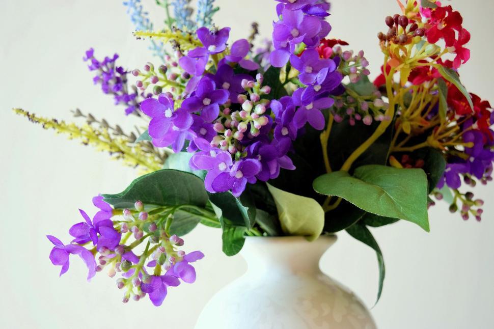 Free Image of White Vase Filled With Purple and Red Flowers 