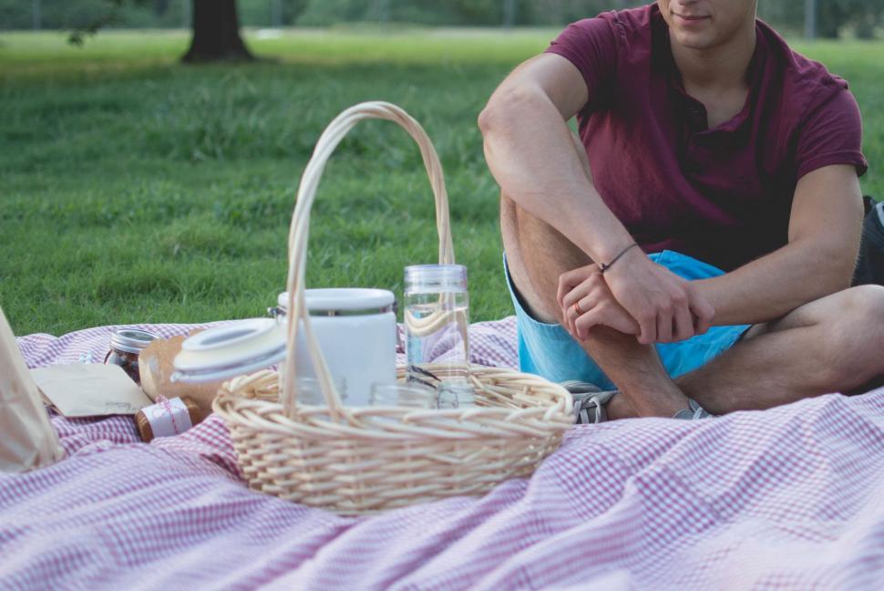 Free Image of Man Sitting on Blanket With Picnic Basket 