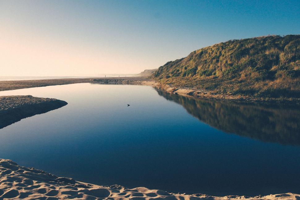 Free Image of Sand and Hills Surrounding a Body of Water 