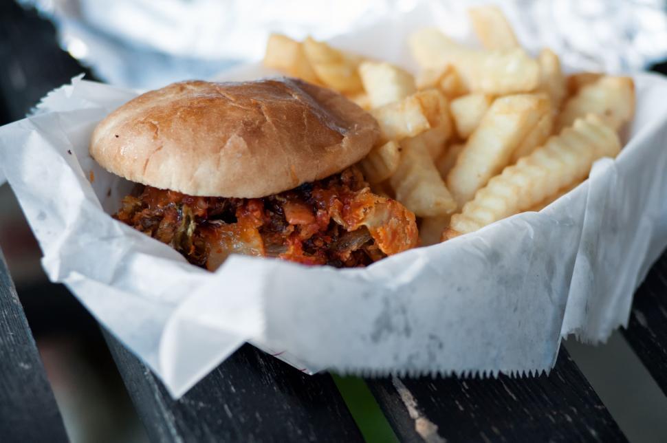 Free Image of Close Up of a Sandwich and French Fries 