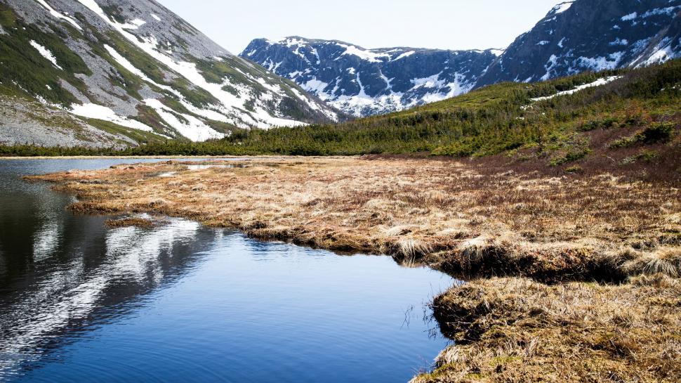 Free Image of Snow Covered Mountains Surrounding Crystal Clear Lake 