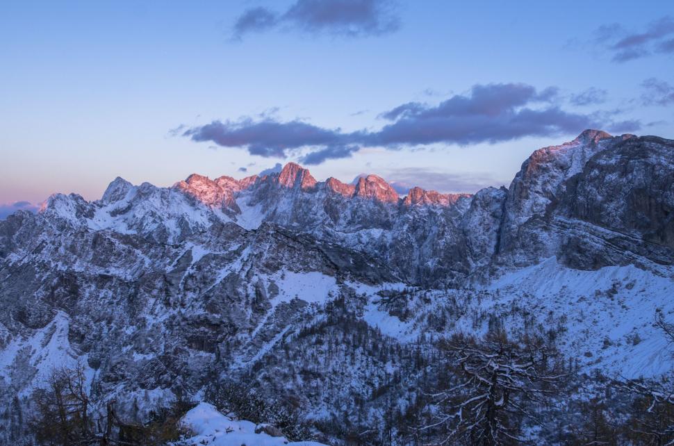 Free Image of Snow-Covered Mountain Range at Sunset 