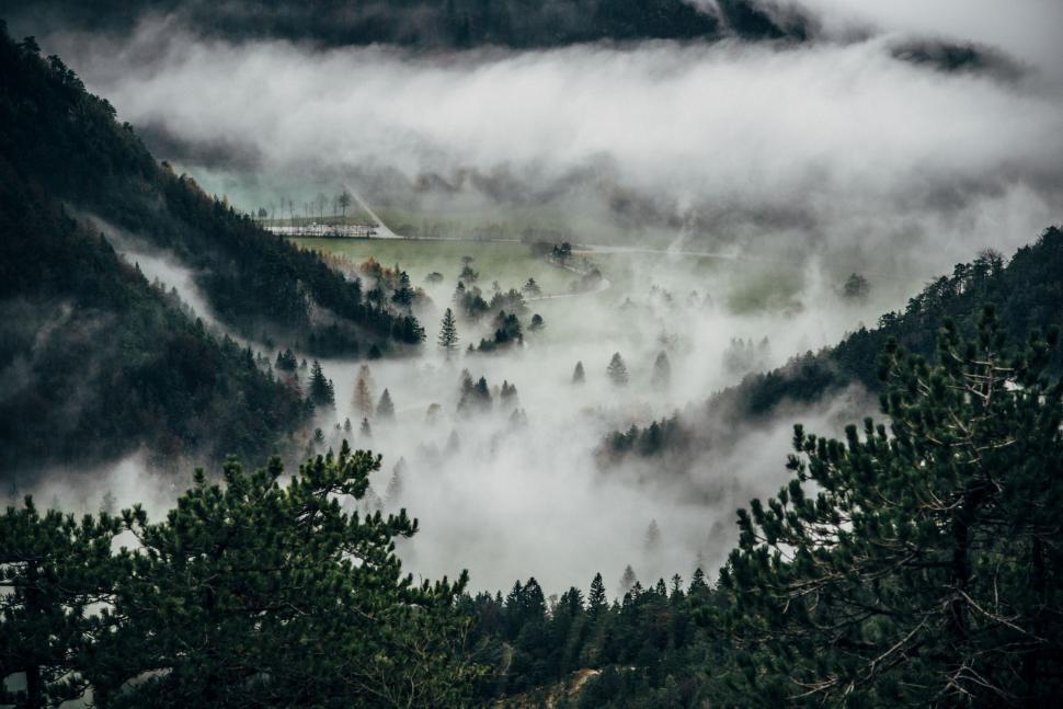 Free Image of A Foggy Valley Landscape in Black and White 