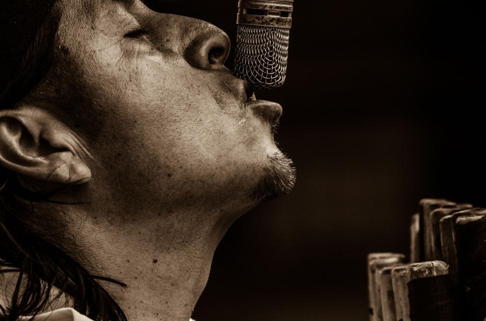 Free Image of Man Holding Microphone Up to Mouth 