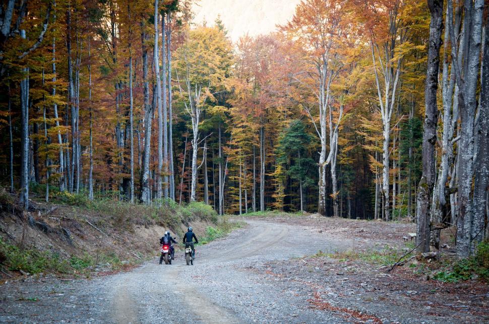 Free Image of Two People Riding Motorcycles Down a Dirt Road 