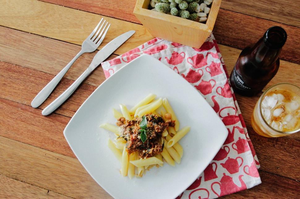 Free Image of Pasta Plate and Coffee Cup in Composition 