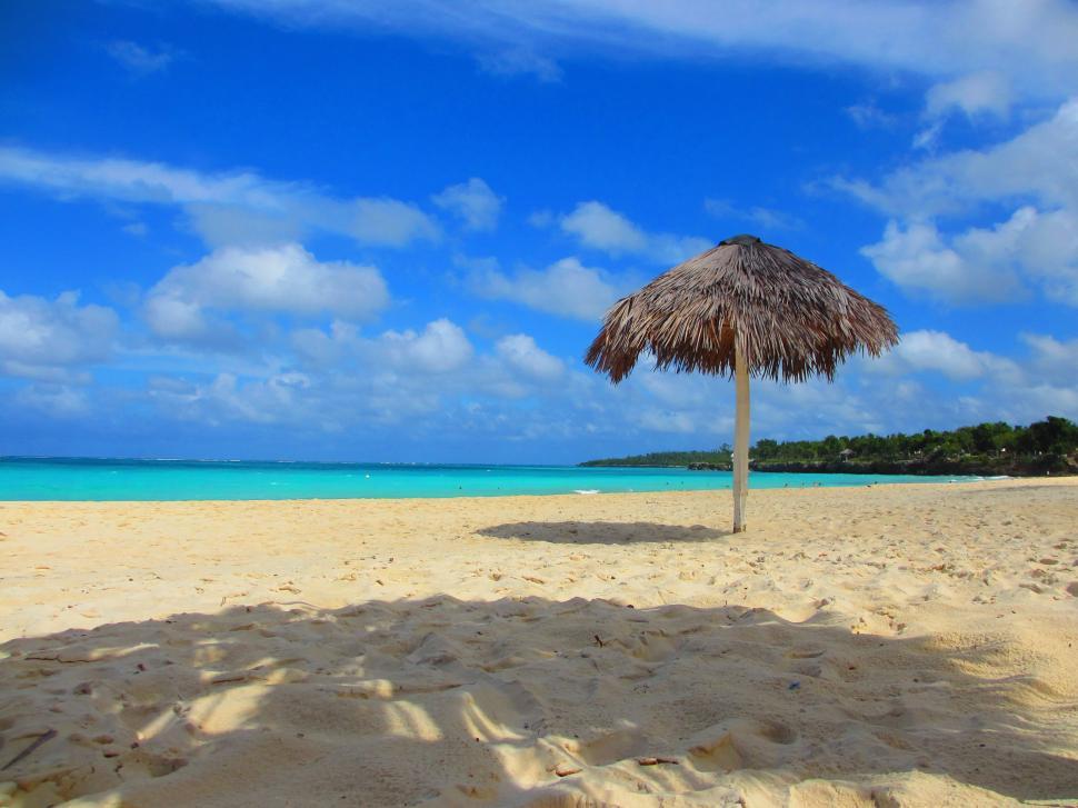 Free Image of Thatched Umbrella on Beach With Clear Blue Water 
