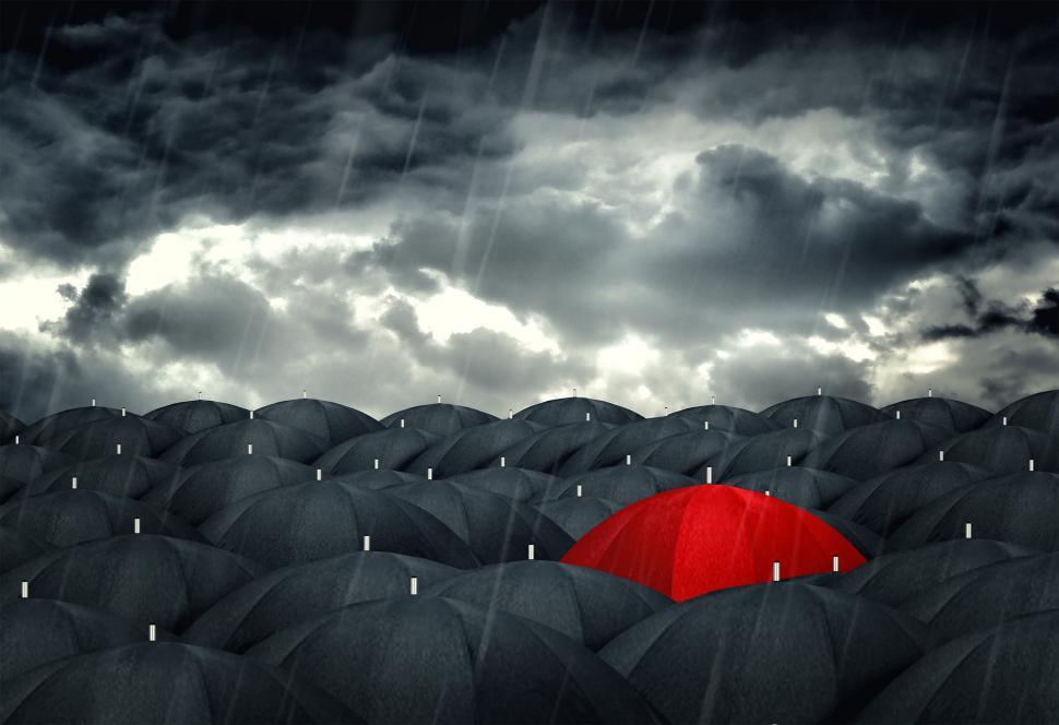 Free Image of Red umbrella mingling with grey umbrellas - Be different concept 