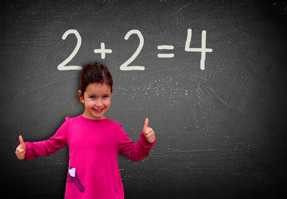 Free Image of Proud assertive little girl solving a sum on blackboard - Learni 