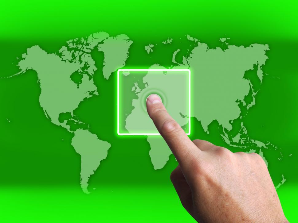 Free Image of Hand Touch Touchscreen On World Map Shows Internet Web 