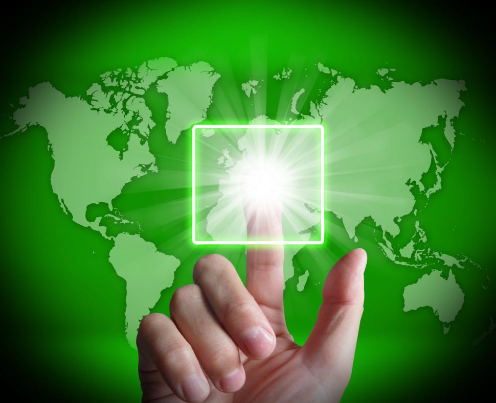 Free Image of Hand Touch Touchscreen On World Map Shows Internet Web 