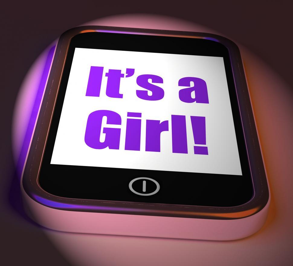 Free Image of It s A Girl On Phone Displays Newborn Female Baby 
