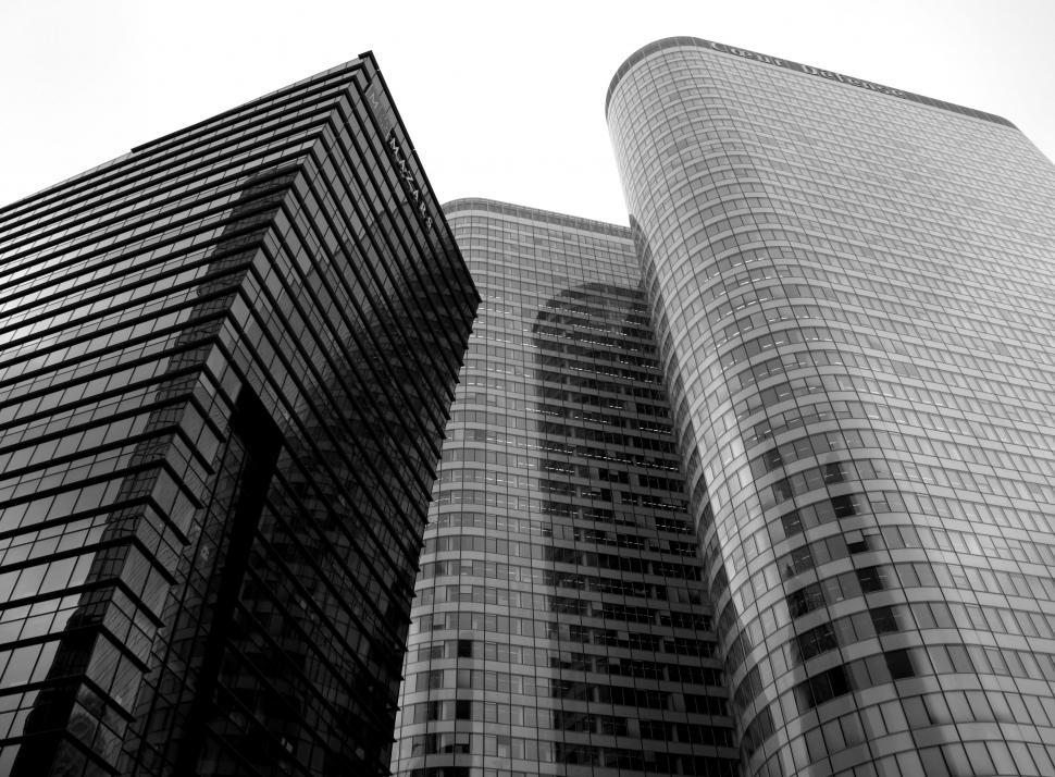 Free Image of Two Tall Buildings in Black and White 