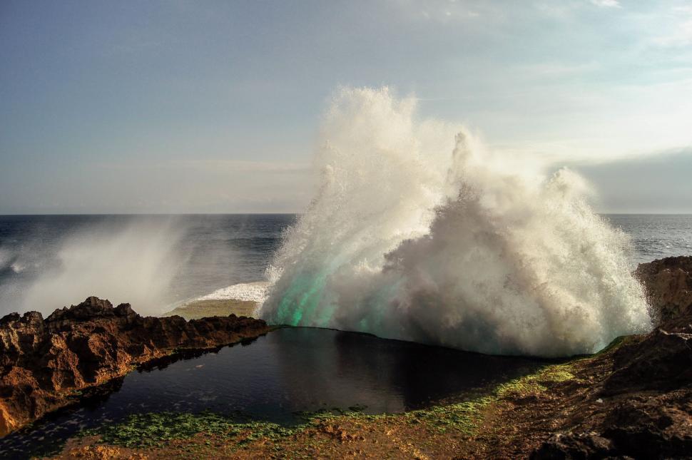 Free Image of Powerful Wave Crashing Over Rocky Shore 