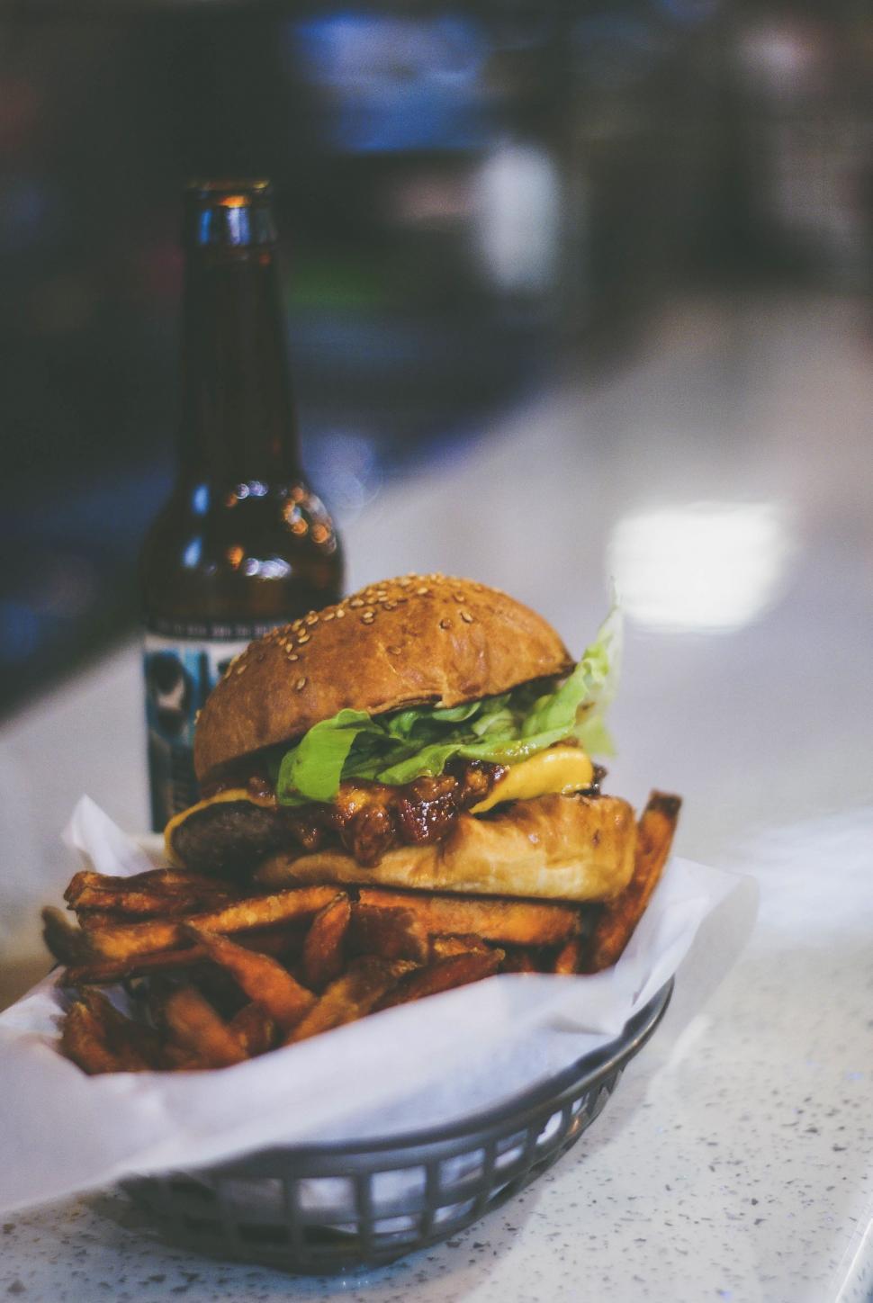 Free Image of Basket of Fries and Bottle of Beer 