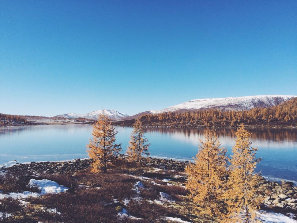 Free Image of Snow-Covered Mountains Surrounding a Body of Water 