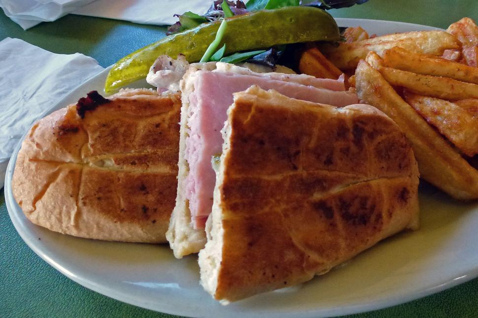 Free Image of Cuban Sandwich with Fries and Pickle 