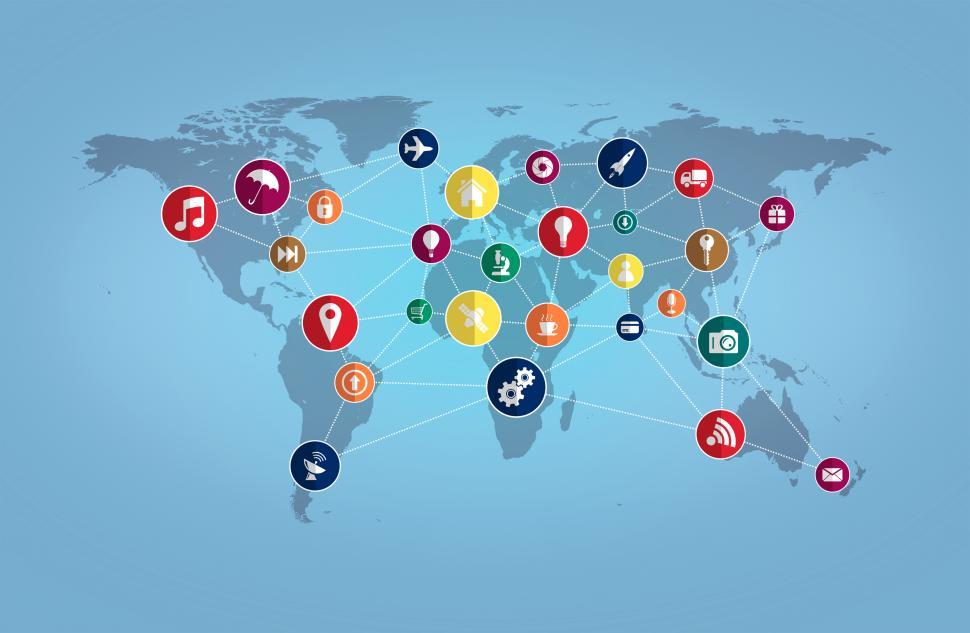 Free Image of World Map with Technology Icons - Information Technology Concept 