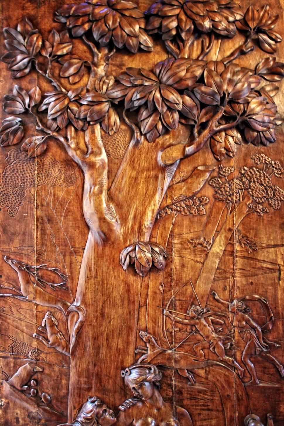 Free Image of Antique Carved Wood Door - Hunting Scene 