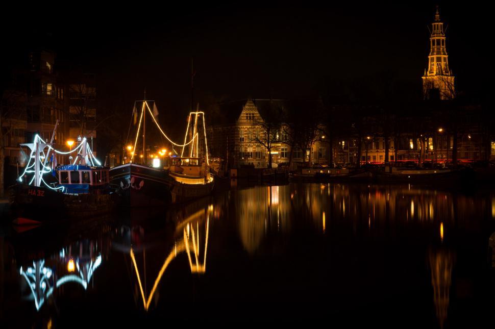 Free Image of Night Scene of River With Bridge and Buildings 