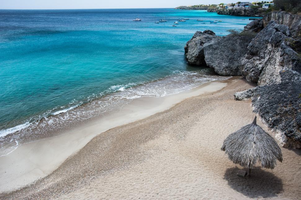 Free Image of Thatched Umbrellas on Sandy Beach by the Ocean 