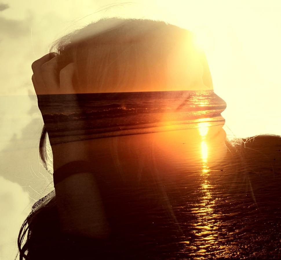 Free Image of Girl on the Beach at Sunset - Double Exposure Effect 