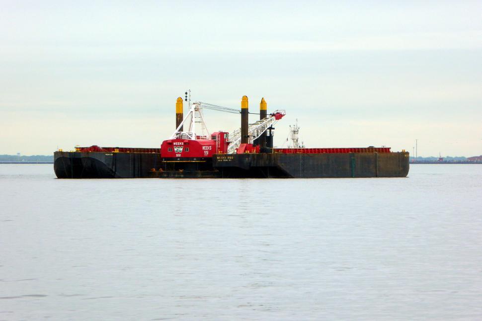 Free Image of Crane Boat Dredging Off Shore 