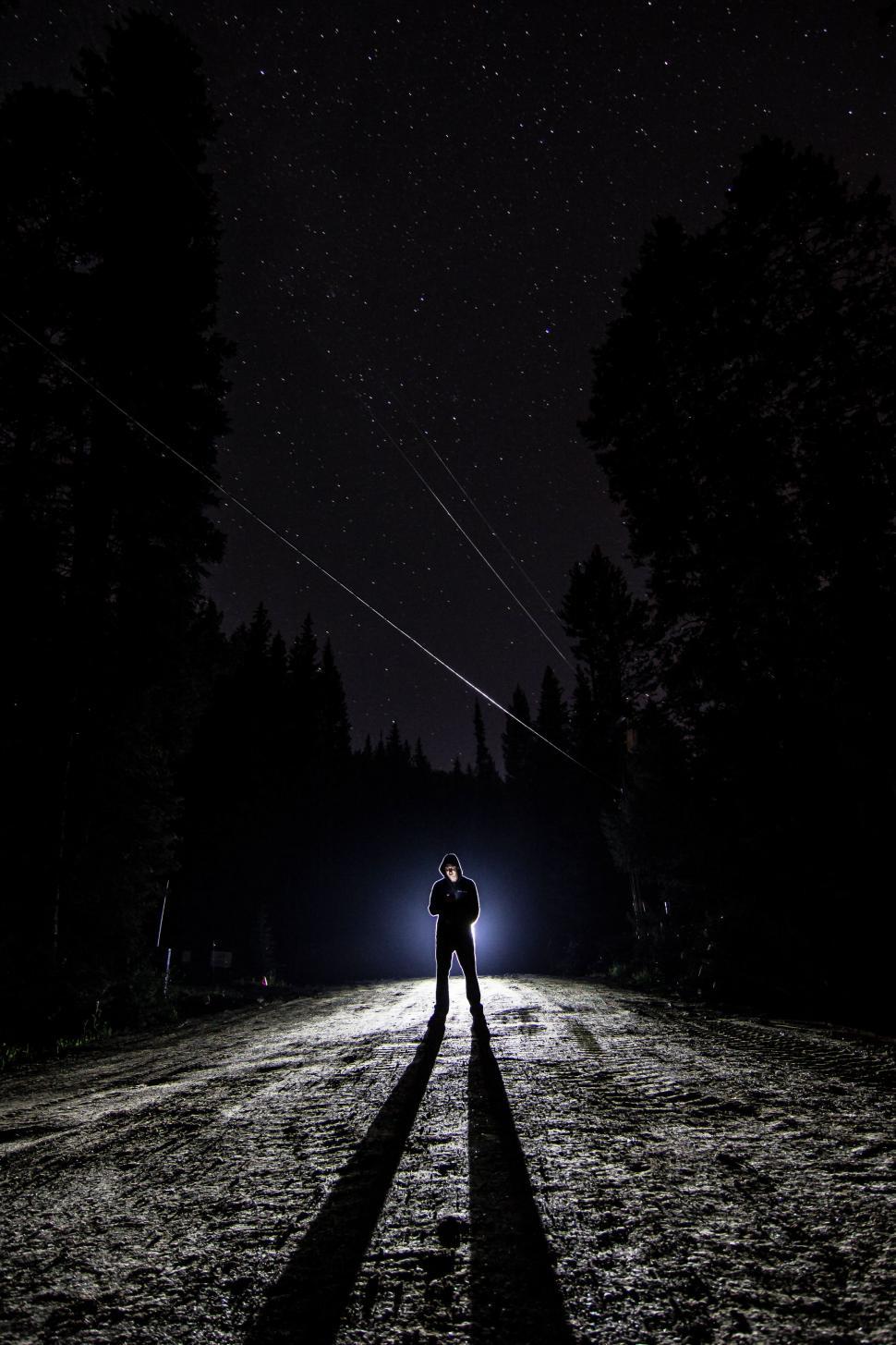 Free Image of Person Standing in Middle of Road at Night 